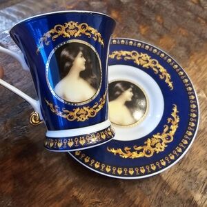 LIMOGES - HAND PAINTED - FINE PORCELAIN LADY IN CAMEO CUP SAUCER, SET OF FOUR